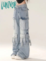 Lunivop Women’s Vibe Wash Multiple Pockets Design Loose Blue Jeans Cool Girl High Waisted Pants