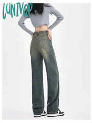 Lunivop Women’s Vintage Cowboy Wide Leg Blue Gray Jeans Street Style Casual Baggy Pants Female