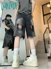 Lunivop Women’s Vintage Gradient Damaged Tassel Denim Shorts Unique Design A-Line Wide Leg Summer