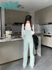 Lunivop Women’s Vintage Green Denim Rompers Strap Pants Spring Autumn New Chic Fashion Casual