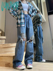 Lunivop Women’s Vintage Hole Straight Blue Jeans Spring Autumn New Street Unisex Style Pants