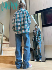 Lunivop Women’s Vintage Hole Straight Blue Jeans Spring Autumn New Street Unisex Style Pants