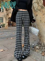 Lunivop Women’s Vintage Plaid Casual Bell-Bottom Pants Street Retro Style Young Girl Bottoms