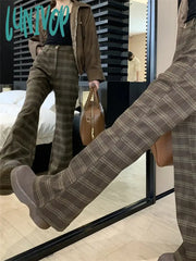 Lunivop Women’s Vintage Plaid Casual Flare Pants Street Retro Style Young Girl Bottoms Female