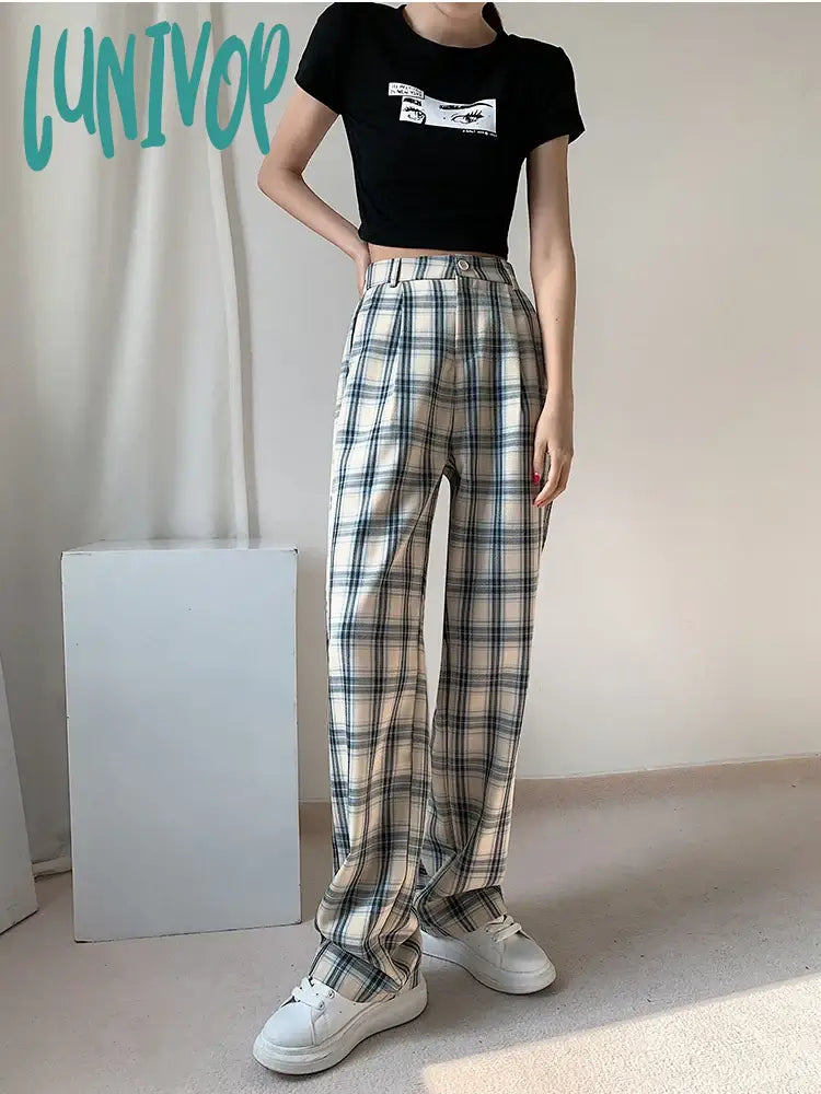 Lunivop Women’s Vintage Plaid Wide Leg Pants Casual Fashion Blue Grid Sweatpants Female High