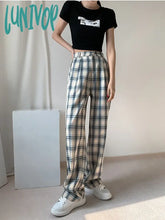 Lunivop Women’s Vintage Plaid Wide Leg Pants Casual Fashion Blue Grid Sweatpants Female High