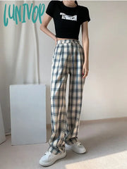 Lunivop Women’s Vintage Plaid Wide Leg Pants Casual Fashion Blue Grid Sweatpants Female High