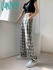 Lunivop Women’s Vintage Plaid Wide Leg Pants Casual Fashion Blue Grid Sweatpants Female High