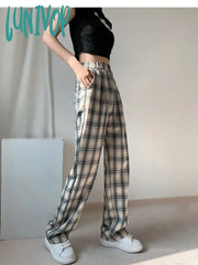 Lunivop Women’s Vintage Plaid Wide Leg Pants Casual Fashion Blue Grid Sweatpants Female High