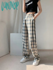 Lunivop Women’s Vintage Plaid Wide Leg Pants Casual Fashion Blue Grid Sweatpants Female High