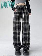 Lunivop Women’s Vintage Plaid Wide Leg Pants Casual Fashion Elastic Waist Drawstring Sweatpants
