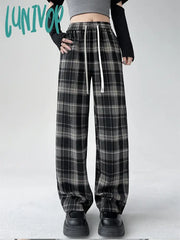 Lunivop Women’s Vintage Plaid Wide Leg Pants Casual Fashion Elastic Waist Drawstring Sweatpants