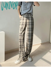 Lunivop Women’s Vintage Plaid Wide Leg Pants Casual Fashion Gray Grid Sweatpants Female High