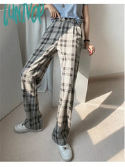 Lunivop Women’s Vintage Plaid Wide Leg Pants Casual Fashion Gray Grid Sweatpants Female High