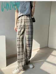 Lunivop Women’s Vintage Plaid Wide Leg Pants Casual Fashion Gray Grid Sweatpants Female High