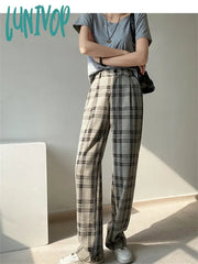 Lunivop Women’s Vintage Plaid Wide Leg Pants Casual Fashion Gray Grid Sweatpants Female High