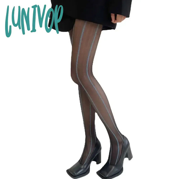 Sheer Hold Ups Adult Black with Vertical Stripes