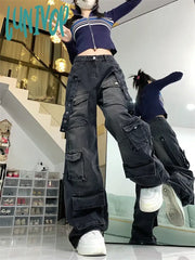 Lunivop Women’s Washed Black Multiple Pockets Denim Trousers American Vintage Street Style Jeans