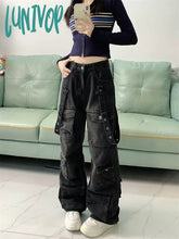 Lunivop Women’s Washed Black Multiple Pockets Denim Trousers American Vintage Street Style Jeans