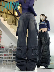 Lunivop Women’s Washed Black Multiple Pockets Denim Trousers American Vintage Street Style Jeans