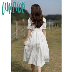 Lunivop Women’s White Jacquard Little Dress Summer French Style Hepburn Collection Midi Length