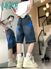 Lunivop Women’s Wide Leg Star Patch Shorts Summer Street Casual A-Line Quarter Jeans Neutral Half
