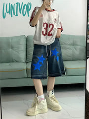 Lunivop Women’s Wide Leg Star Patch Shorts Summer Street Casual A-Line Quarter Jeans Neutral Half