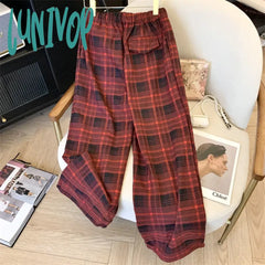 Lunivop Women’s Woolen Grid Pattern High Waist Pants Chic Retro Style Young Girl Wide-Leg Bottoms