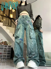 Lunivop Women’s Y2K Graffiti Print Pattern Design Unisex Jeans Vintage Street Casual Denim