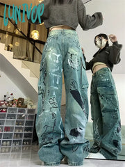 Lunivop Women’s Y2K Graffiti Print Pattern Design Unisex Jeans Vintage Street Casual Denim