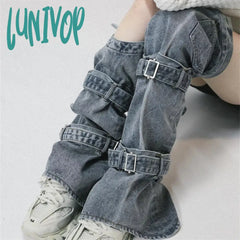 Lunivop Women’s Y2K Splicing Straps Blue Denim Leg Cover Fashionable Versatile Spicy Girl