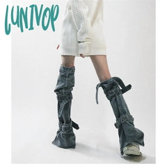 Lunivop Women’s Y2K Splicing Straps Blue Denim Leg Cover Fashionable Versatile Spicy Girl