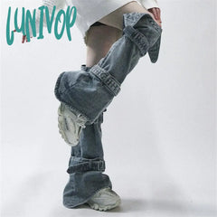 Lunivop Women’s Y2K Splicing Straps Blue Denim Leg Cover Fashionable Versatile Spicy Girl