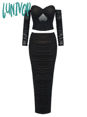 Lunivop Womensexy Off Shoulder Heart Diamonds Black Ruched Midi Bodycon Bandage Skirt Set Knitted
