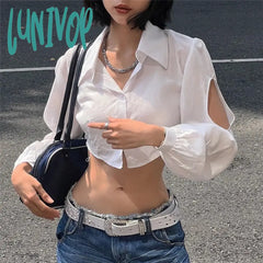 Lunivop Y2K 2000S Cropped White Shirts Women Sexy Hollow Out Long Sleeve Blouses Summer Streetwear