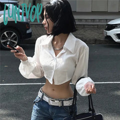 Lunivop Y2K 2000S Cropped White Shirts Women Sexy Hollow Out Long Sleeve Blouses Summer Streetwear