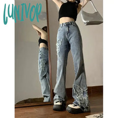 Lunivop Y2K 2000S Flare Jeans Women Vintage Butterfly Embroidery Denim Wide Leg Pants Streetwear