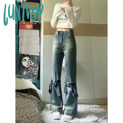 Lunivop Y2K 2000S Flare Jeans Women Vintage High Waist Bow Denim Pants Summer Japanese Harajuku