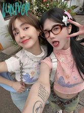 Lunivop Y2K 2000S Print T Shirts Women Harajuku Pink White Half High Collar Crop Tops Summer