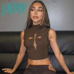 Lunivop Y2K 2000S Summer Women Crop Tops Sleeveless Cross Hollow Out High Callar Solid Colr
