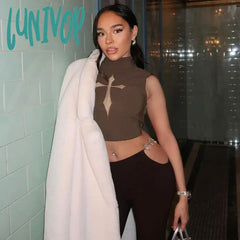 Lunivop Y2K 2000S Summer Women Crop Tops Sleeveless Cross Hollow Out High Callar Solid Colr