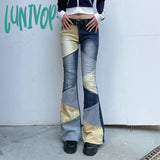 Lunivop Y2k 2000s Womens Blue Jeans Colorblock Flare Pants 90s Vintage Denim Trousers Streetwear Bottoms