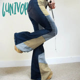Lunivop Y2K 2000S Womens Blue Jeans Colorblock Flare Pants 90S Vintage Denim Trousers Streetwear