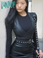 Lunivop Y2K Aesthetic 3 Pieces Set Sexy Sleeveless Pu Black Streetwear Suit + Harajuku Simple All