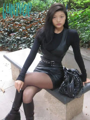 Lunivop Y2K Aesthetic 3 Pieces Set Sexy Sleeveless Pu Black Streetwear Suit + Harajuku Simple All