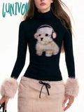 Lunivop Y2K Aesthetic Cartoon Kawaii Dog Print Crop Top Patchwork Fluffy Long Sleeve T-Shirt Women