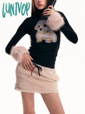 Lunivop Y2K Aesthetic Cartoon Kawaii Dog Print Crop Top Patchwork Fluffy Long Sleeve T-Shirt Women