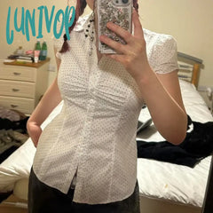 Lunivop Y2K Aesthetic Grunge Crop Tops 90S Vintage Cottage Clothes Polka Dot Print Button Down
