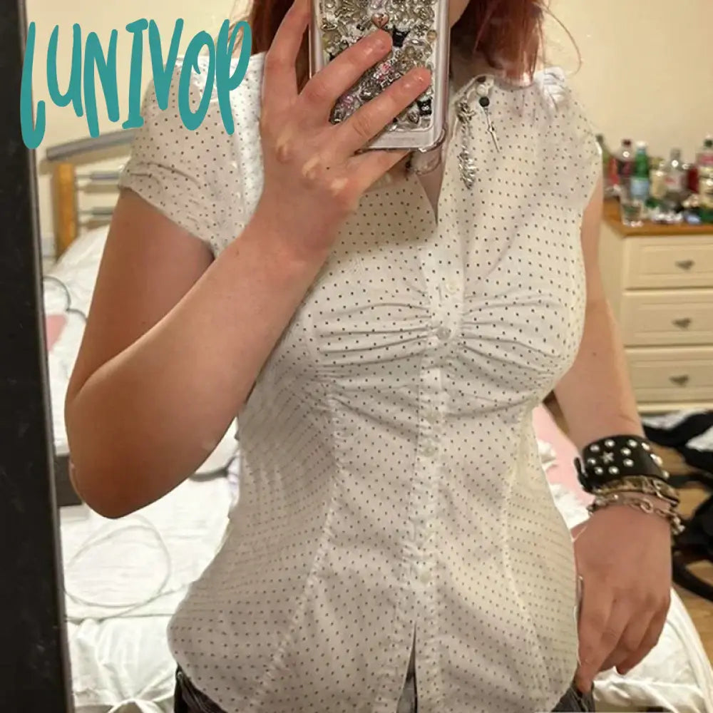 Lunivop Y2K Aesthetic Grunge Crop Tops 90S Vintage Cottage Clothes Polka Dot Print Button Down