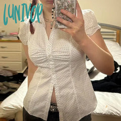 Lunivop Y2K Aesthetic Grunge Crop Tops 90S Vintage Cottage Clothes Polka Dot Print Button Down
